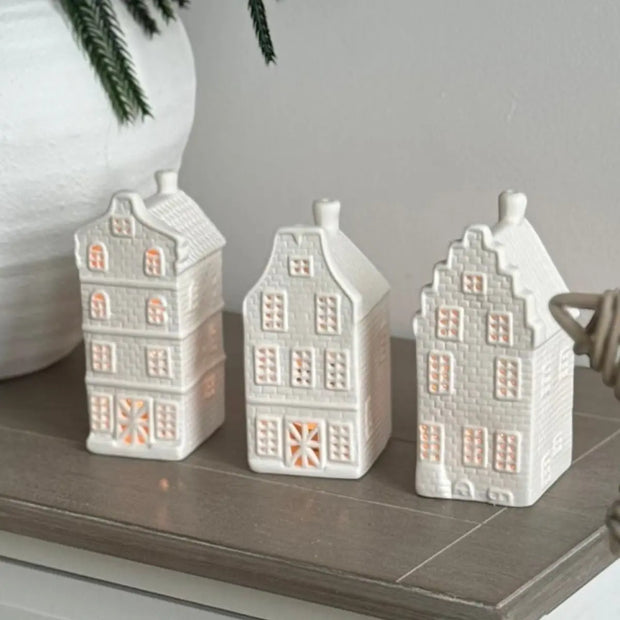 Matte White Dutch House Tealight Candle Holder, close-up product detail