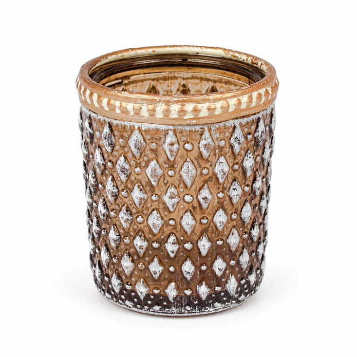 Full studio view of the empty cognac diamond glass tea light holder on white.