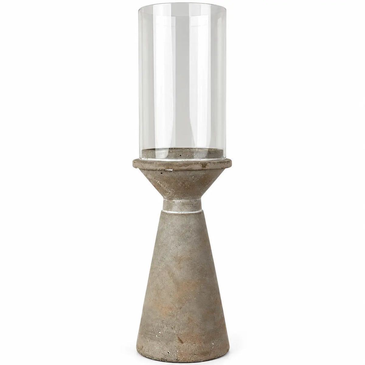 Detail of the concrete pedestal and clear cylindrical glass shade on the Medium candle holder