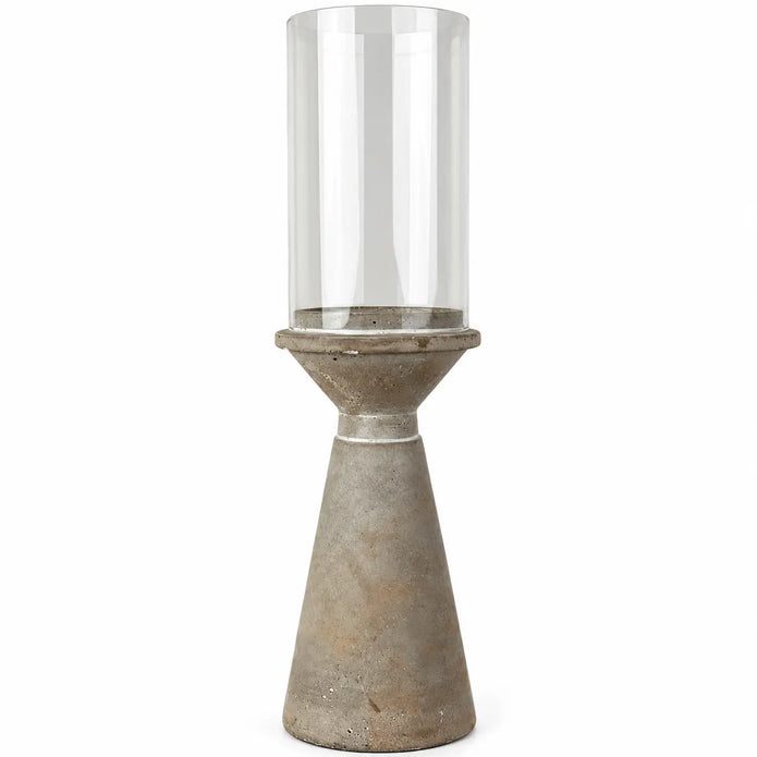 Detail of the concrete pedestal and clear cylindrical glass shade on the Medium candle holder