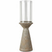 Detail of the concrete pedestal and clear cylindrical glass shade on the Medium candle holder