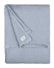 Riva Home ocean blue muslin cotton throw bed cover displayed on a bed, showcasing soft, lightweight furnishings for cozy bedroom decor.