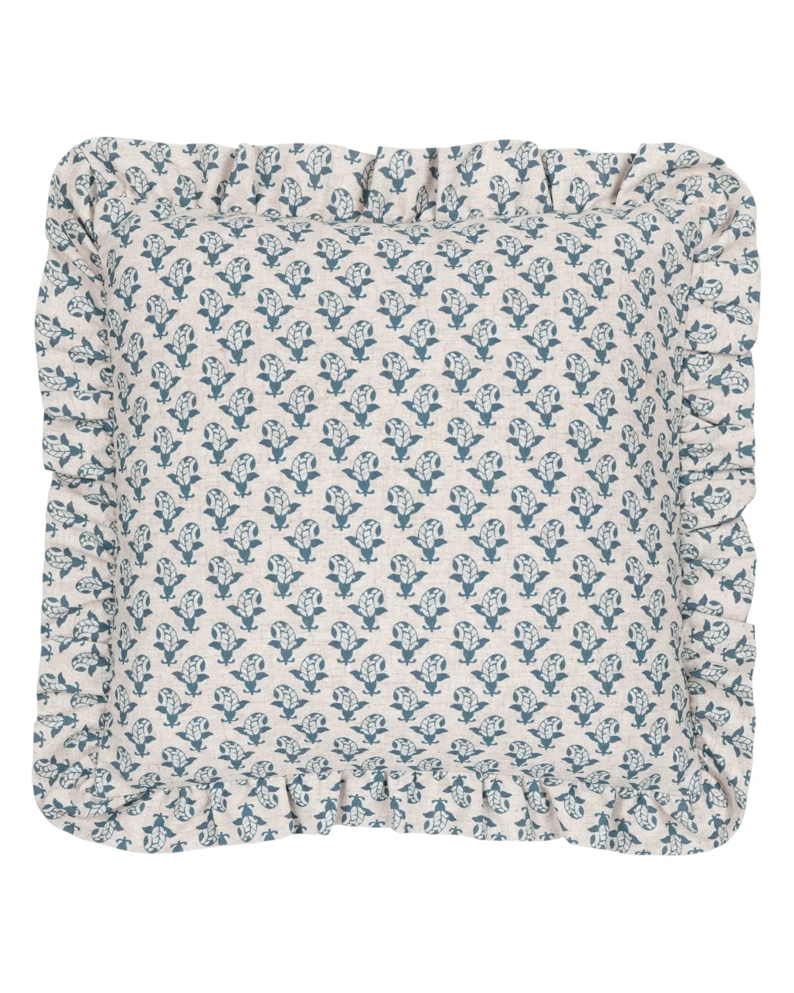 Blue Lulah block printed ruffle cushion cover by Riva Home, showcasing soft furnishings with intricate design and ruffled edges.