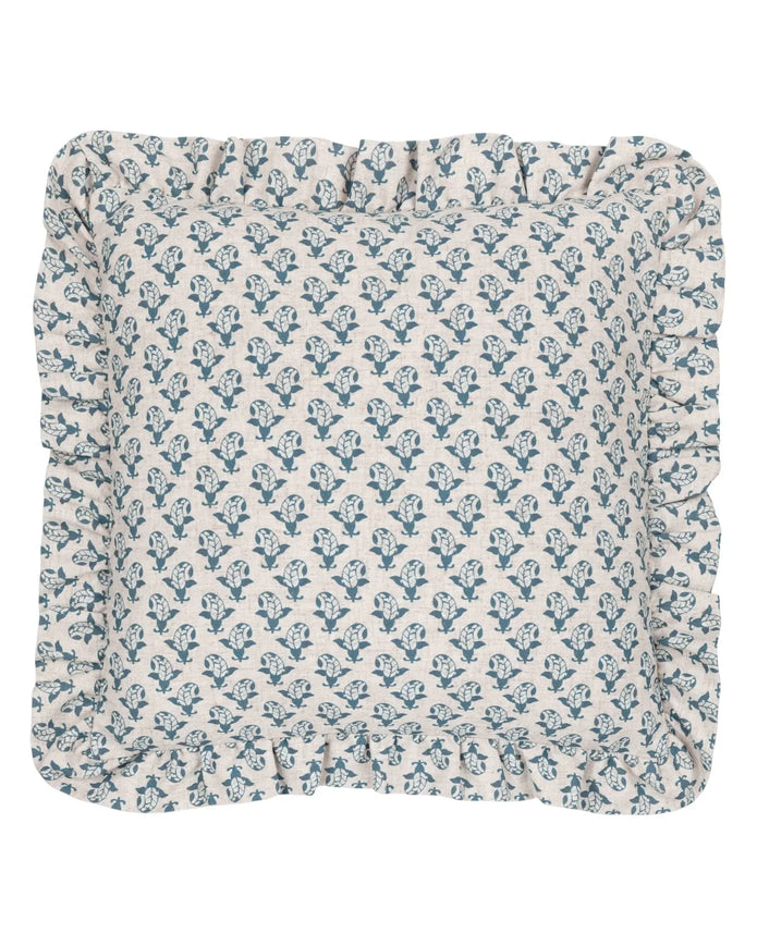 Blue Lulah block printed ruffle cushion cover by Riva Home, showcasing soft furnishings with intricate design and ruffled edges.