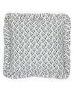Blue Lulah block printed ruffle cushion cover by Riva Home, showcasing soft furnishings with intricate design and ruffled edges.