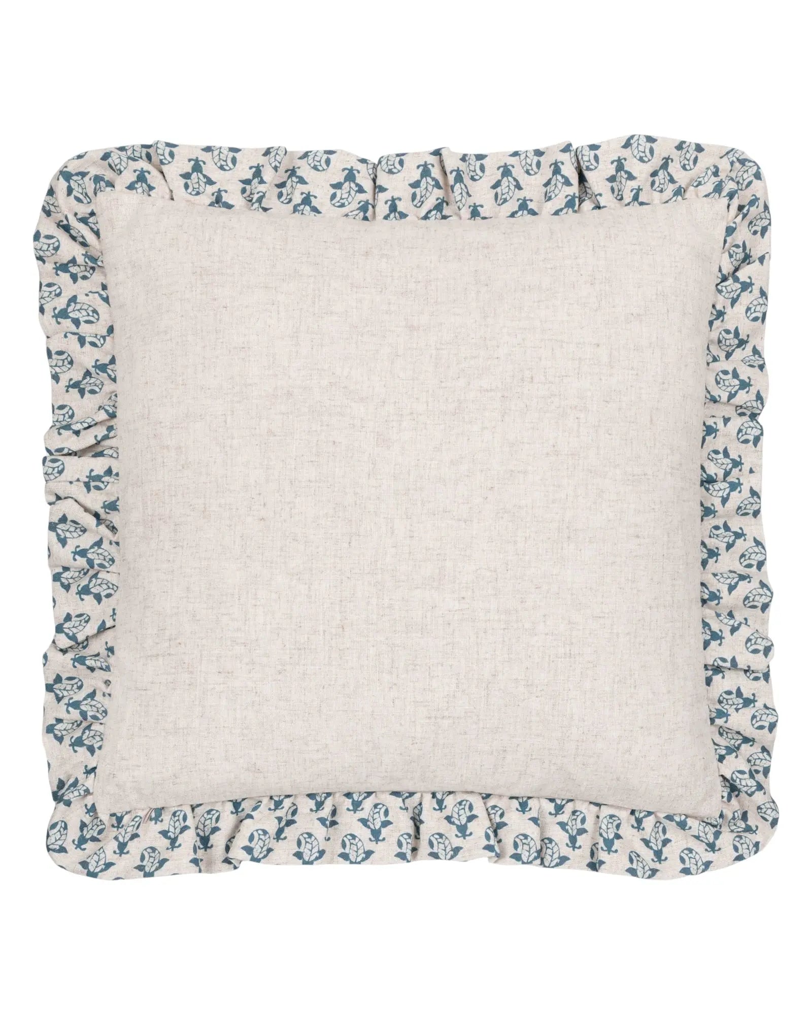 Blue Lulah block printed ruffle cushion cover by Riva Home featuring soft fabric and decorative ruffles for stylish home decor.