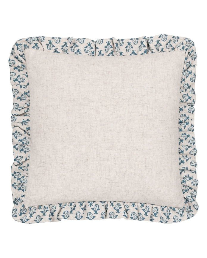 Blue Lulah block printed ruffle cushion cover by Riva Home featuring soft fabric and decorative ruffles for stylish home decor.