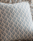 Blue Lulah block printed ruffle cushion cover from Riva Home, soft furnishings with textured ruffle detail and vibrant pattern.