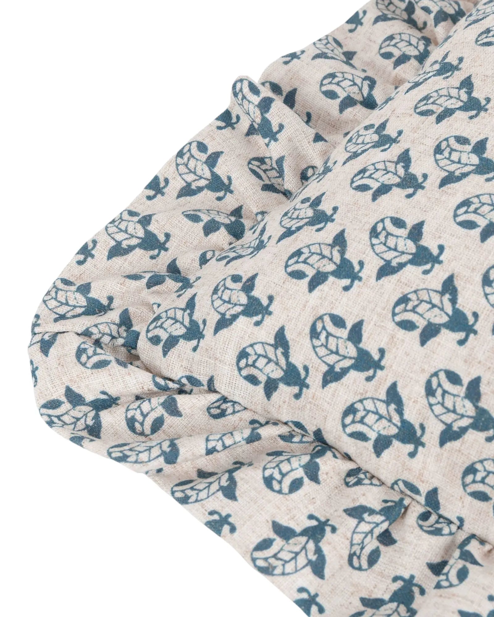 Blue Lulah block printed ruffle cushion cover from Riva Home, showcasing soft furnishings with intricate design details.