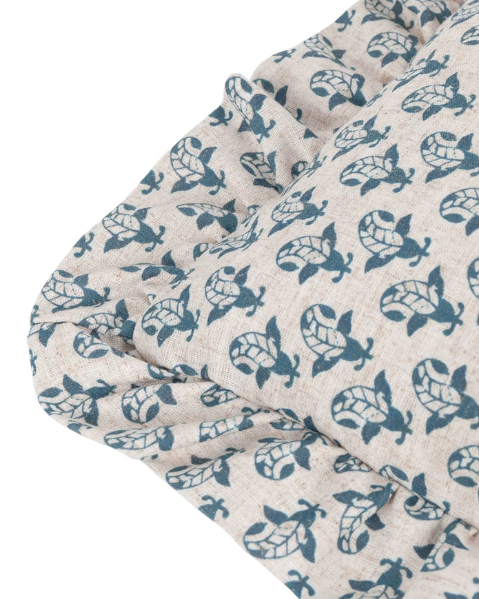 Blue Lulah block printed ruffle cushion cover from Riva Home, showcasing soft furnishings with intricate design details.