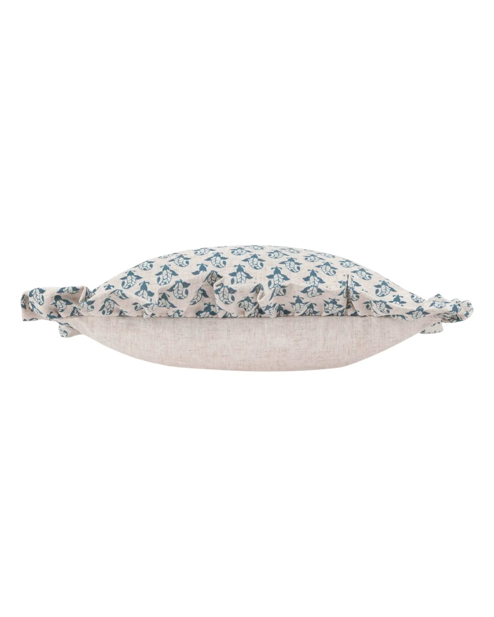 Blue Lulah block printed ruffle cushion cover by Riva Home, featuring soft fabric with decorative ruffles and intricate print design.