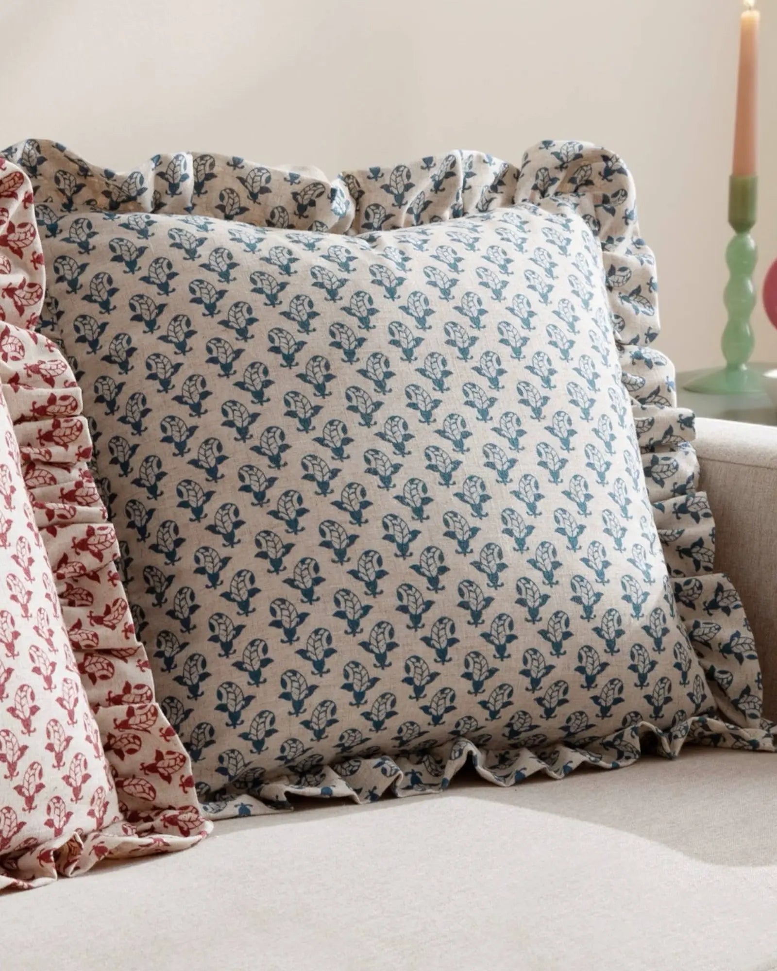 Blue Lulah block printed ruffle cushion cover by Riva Home, soft furnishings with ruffled edges and intricate print design.