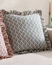 Blue Lulah block printed ruffle cushion cover by Riva Home, soft furnishings with ruffled edges and intricate print design.