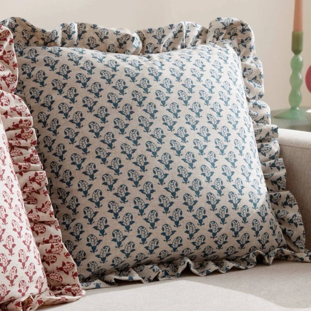 Blue Lulah block printed ruffle cushion cover by Riva Home, soft furnishings with ruffled edges and intricate print design.