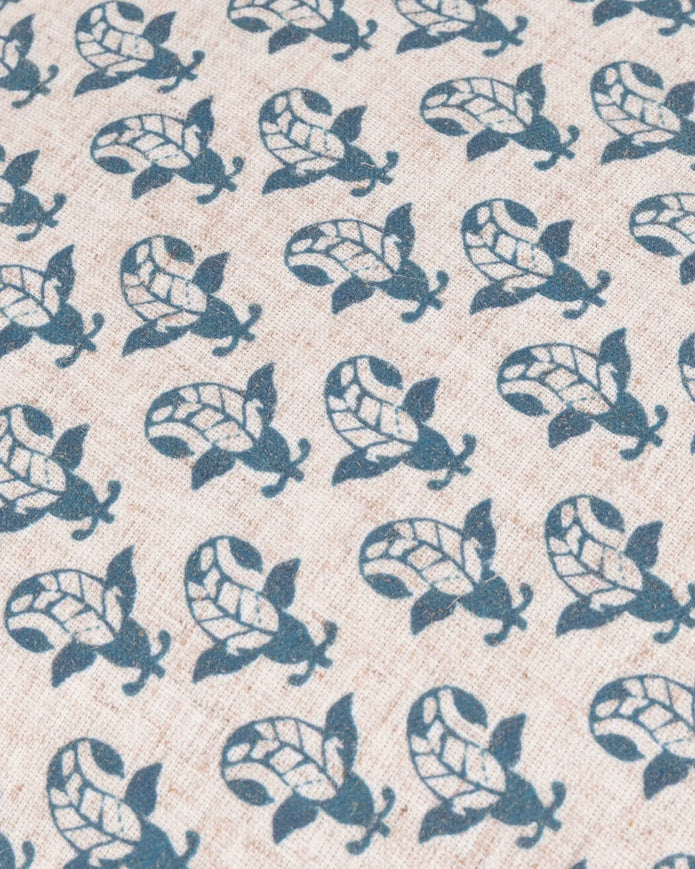 Blue Lulah block printed ruffle cushion cover by Riva Home, showcasing soft furnishings with vibrant pattern and ruffled edges.