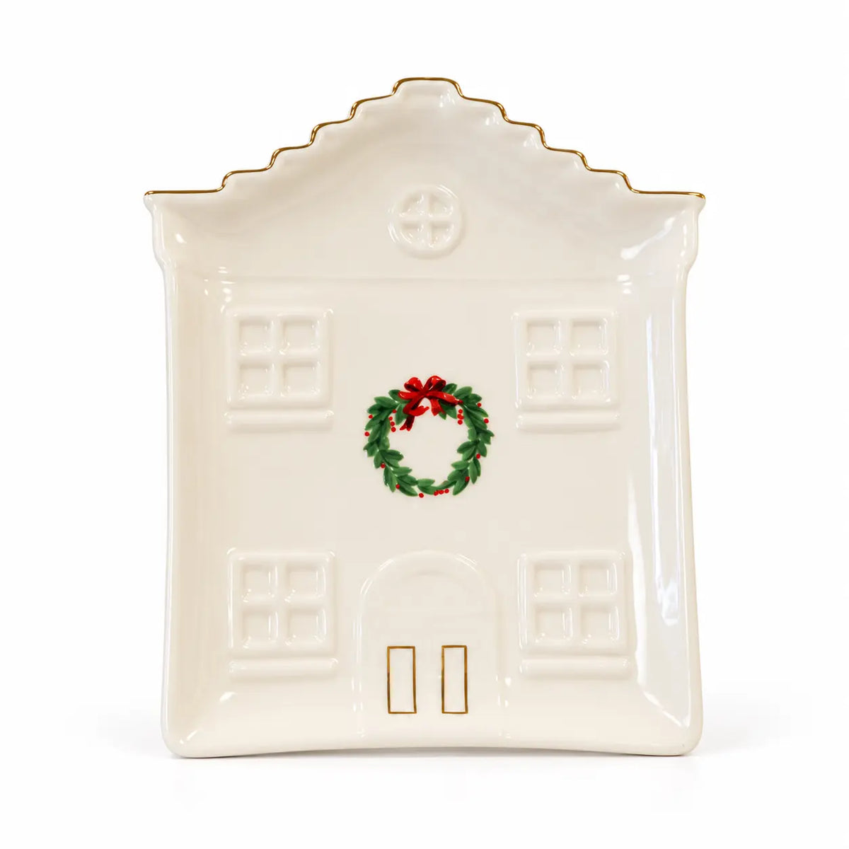 Full white studio view of the ivory house-shaped plate with green wreath and red bow.