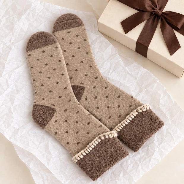 Cosy Cuff Socks - Beige Dot, beige dotted socks beside a wrapped gift