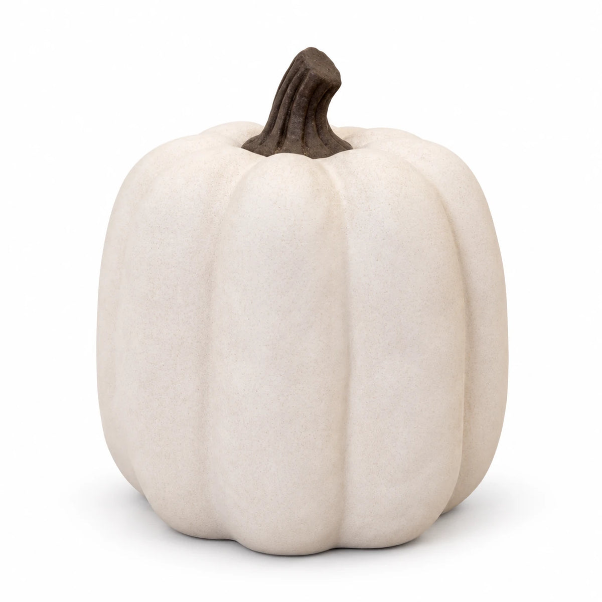 Cotton-white ceramic pumpkin showing its plain ribbed side and dark stem on white