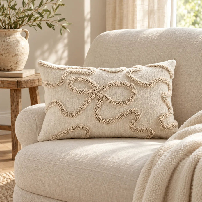 Cream and beige bow rectangle bouclé lumbar cushion styled on a cream armchair in a light country reading nook.