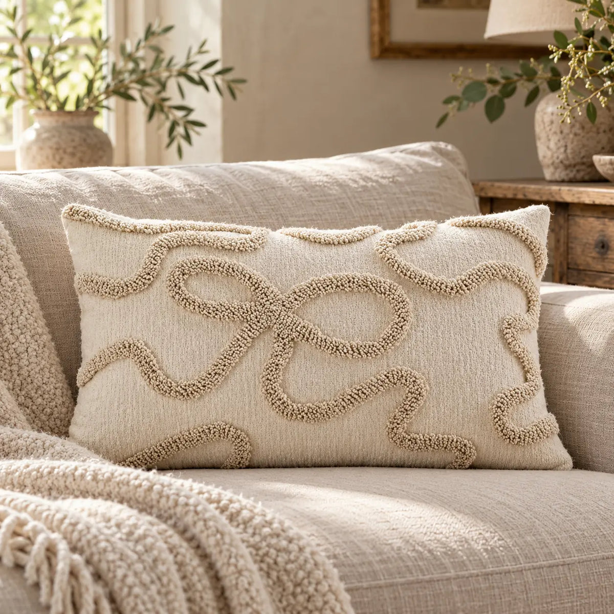 Cream and beige bow rectangle bouclé cushion cover styled on an oatmeal sofa in a neutral country living room.
