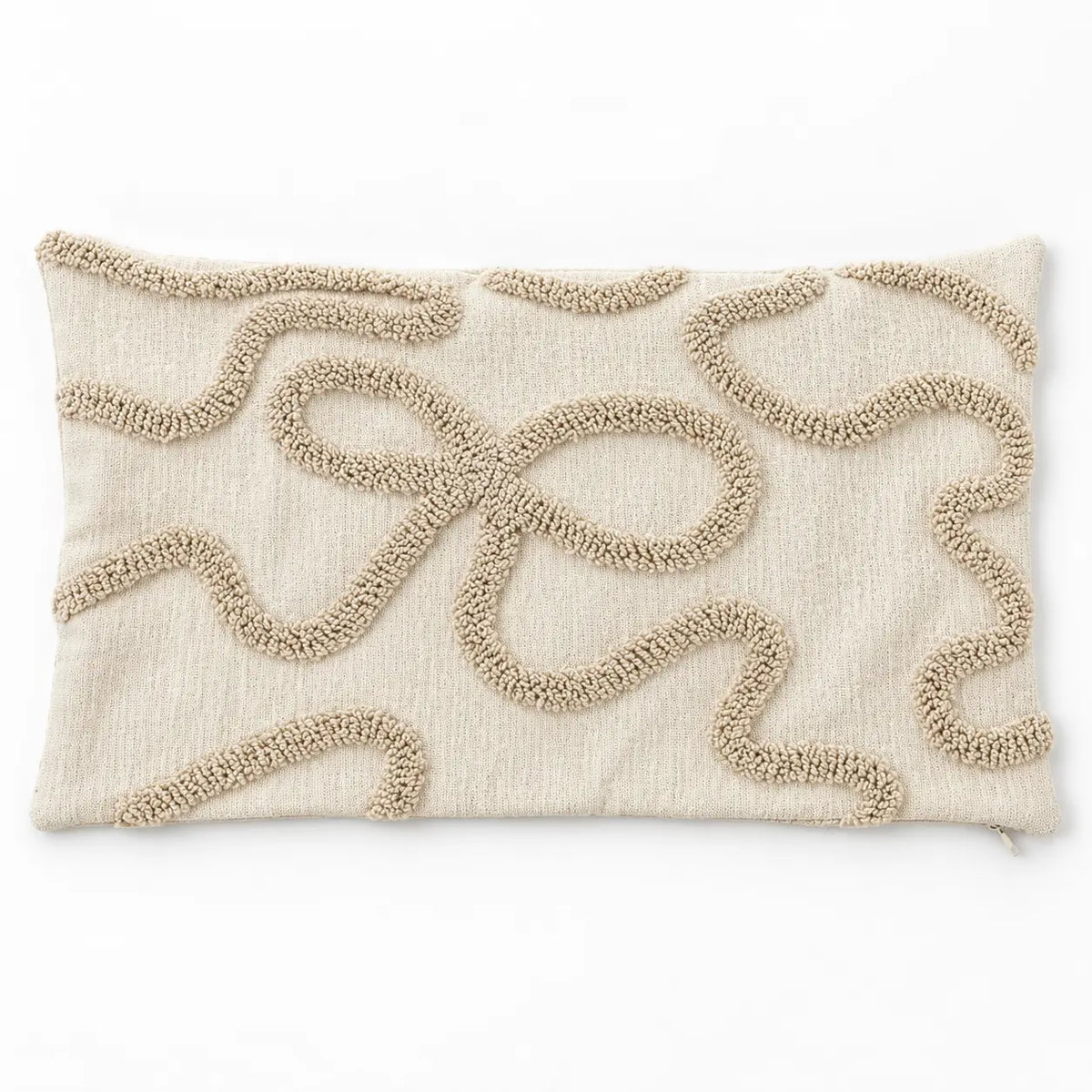 Cream and beige 50cm x 30cm bow rectangle bouclé cushion cover laid flat on a clean white studio background.