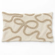 Cream and beige 50cm x 30cm bow rectangle bouclé cushion cover laid flat on a clean white studio background.