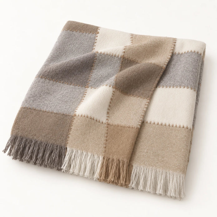 Cream Blanket Stitch Check Blanket Throw, folded checked throw showing its fringe on white