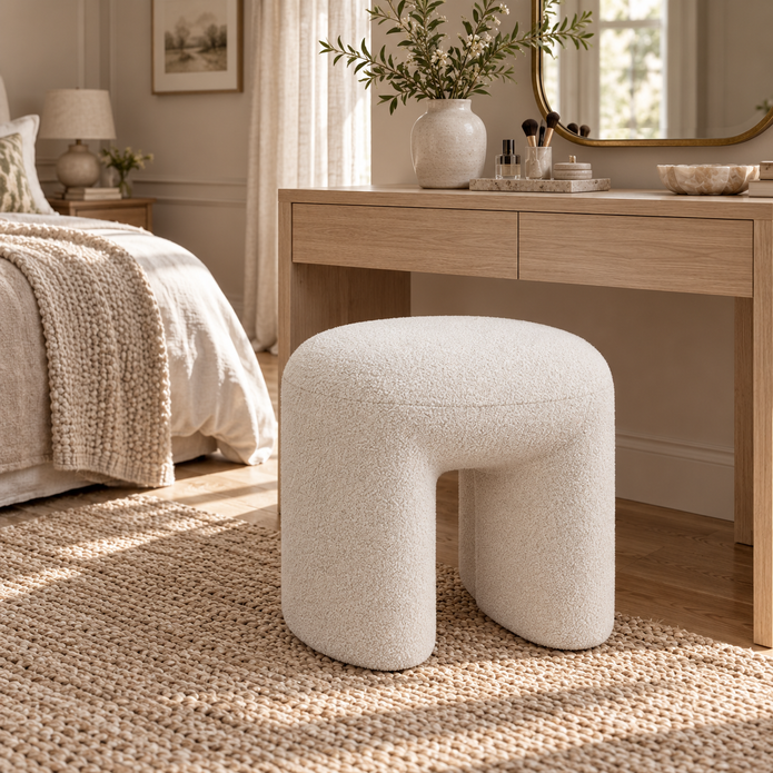 Cream boucle arched dressing table stool in a neutral bedroom