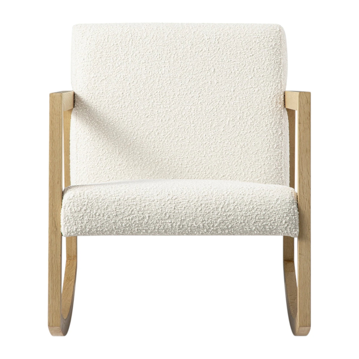Cream boucle sherpa rocking chair by Starlight Express with plush fabric and wooden legs for cozy, stylish seating.