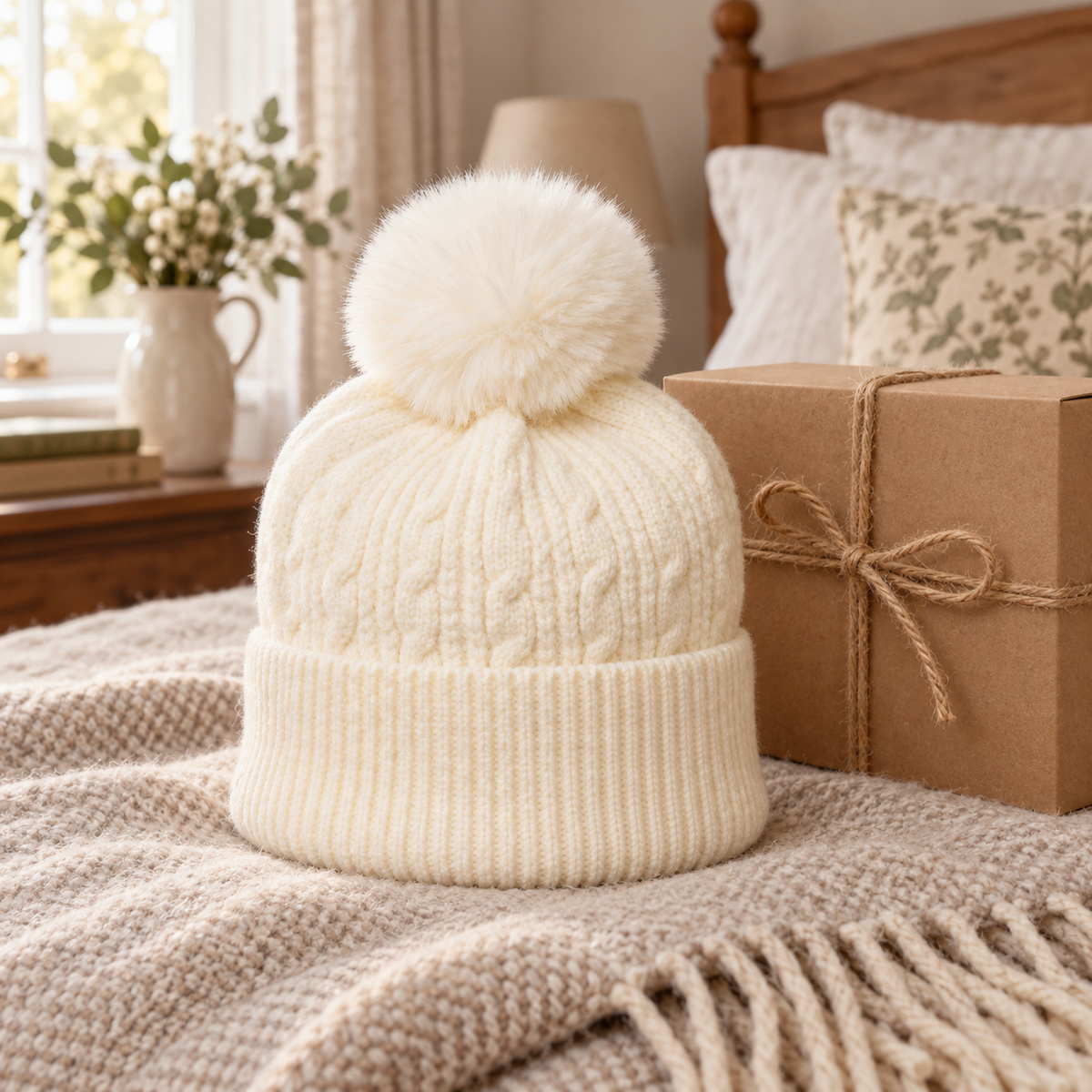 Cream cable knit bobble hat styled in a warm bedroom beside a gift box