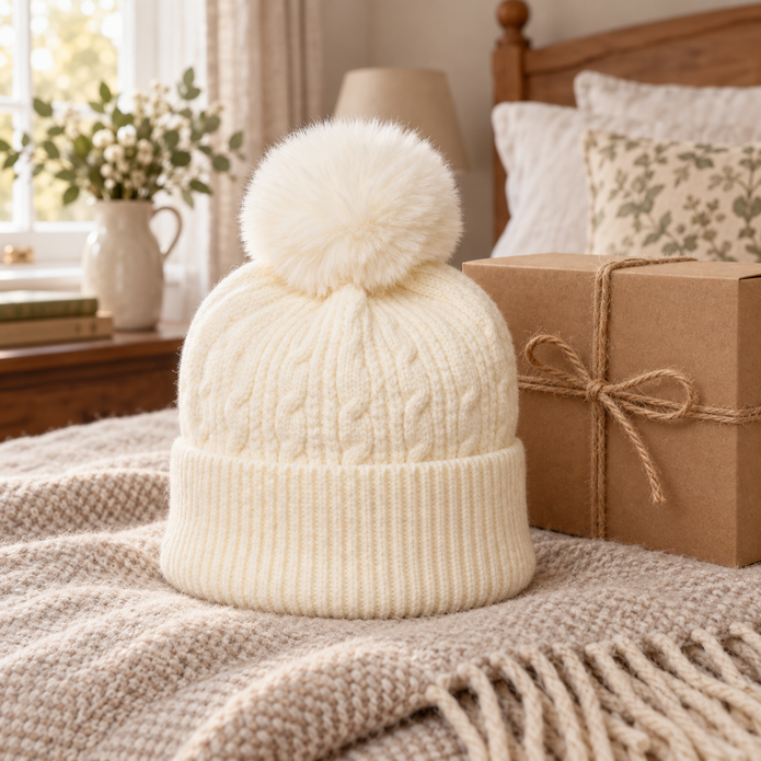Cream cable knit bobble hat styled in a warm bedroom beside a gift box