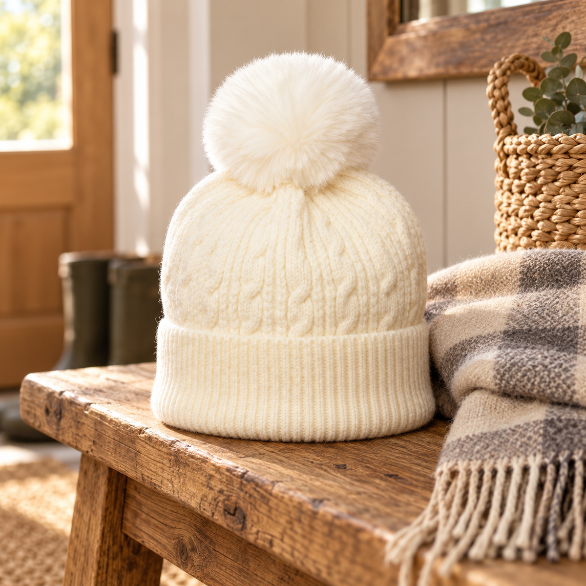 Cream cable knit bobble hat displayed on a rustic oak bench