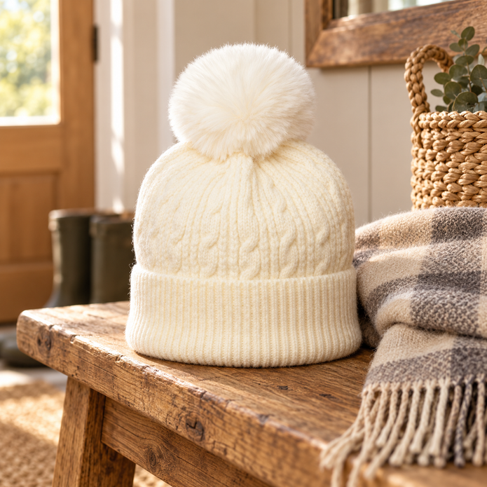 Cream cable knit bobble hat displayed on a rustic oak bench