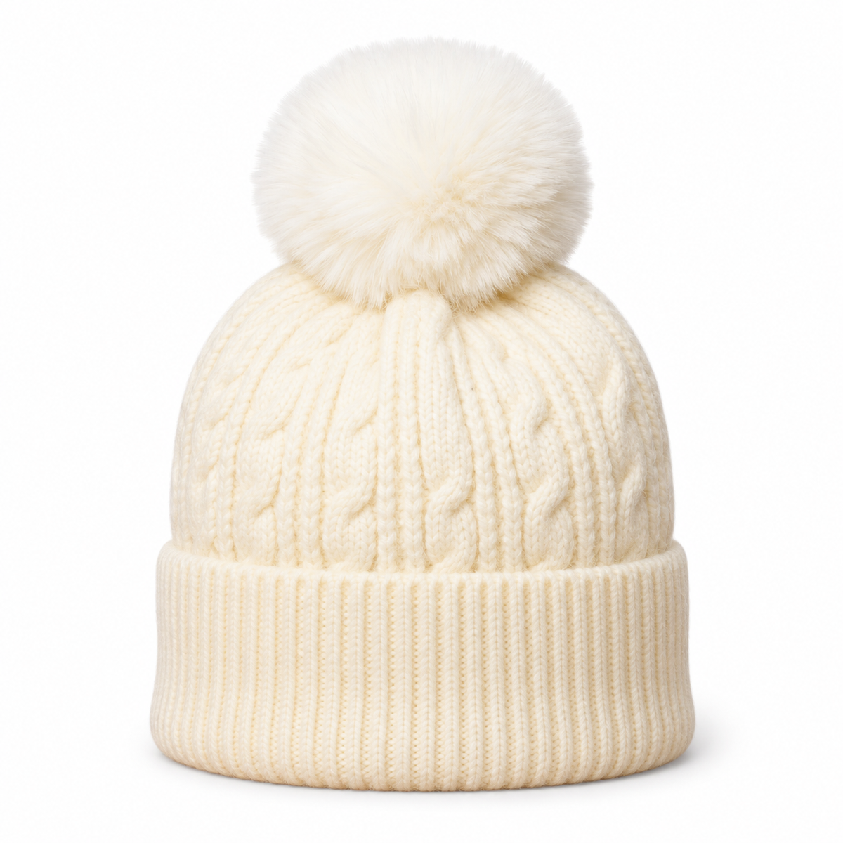 Cream cable knit bobble hat with faux-fur pom pom on white
