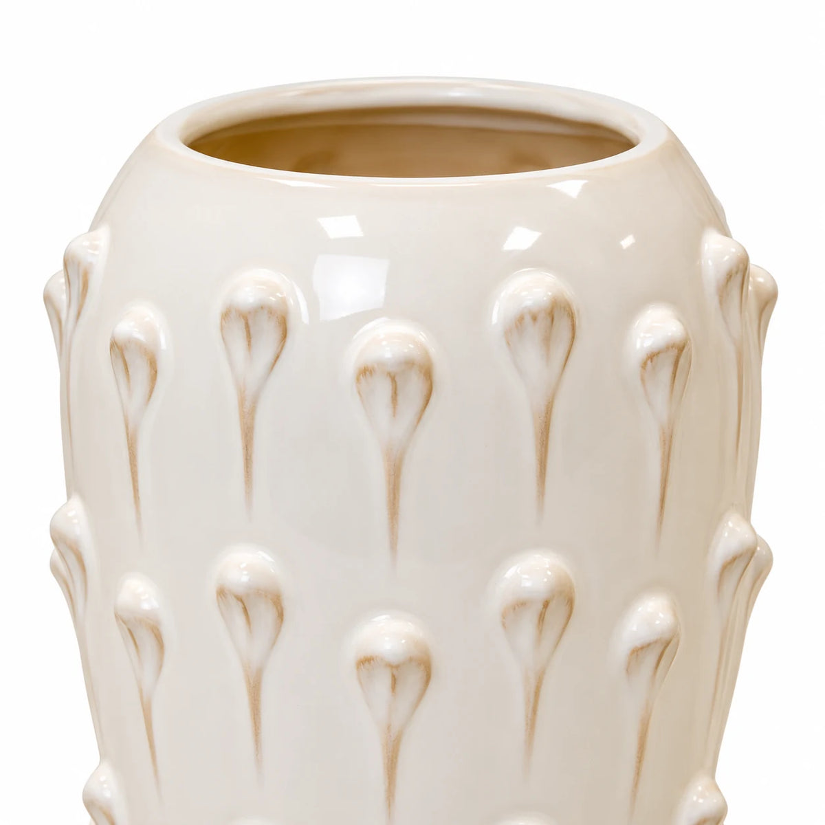 Close-up of the large ceramic bobble vase's glossy ivory glaze and raised droplet detail