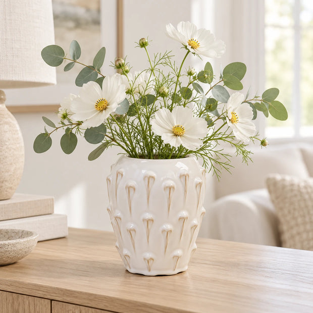 Small white ceramic bobble vase by Satchville featuring a textured, rounded design suitable for tabletop or console display.