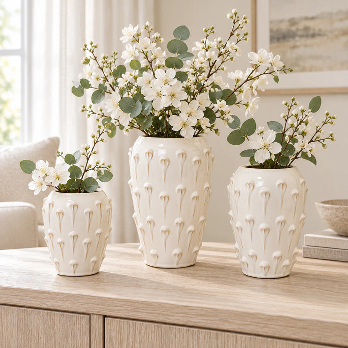 Small, medium and large ivory cream ceramic bobble vases with white flowers, shown together for size comparison; each sold separately