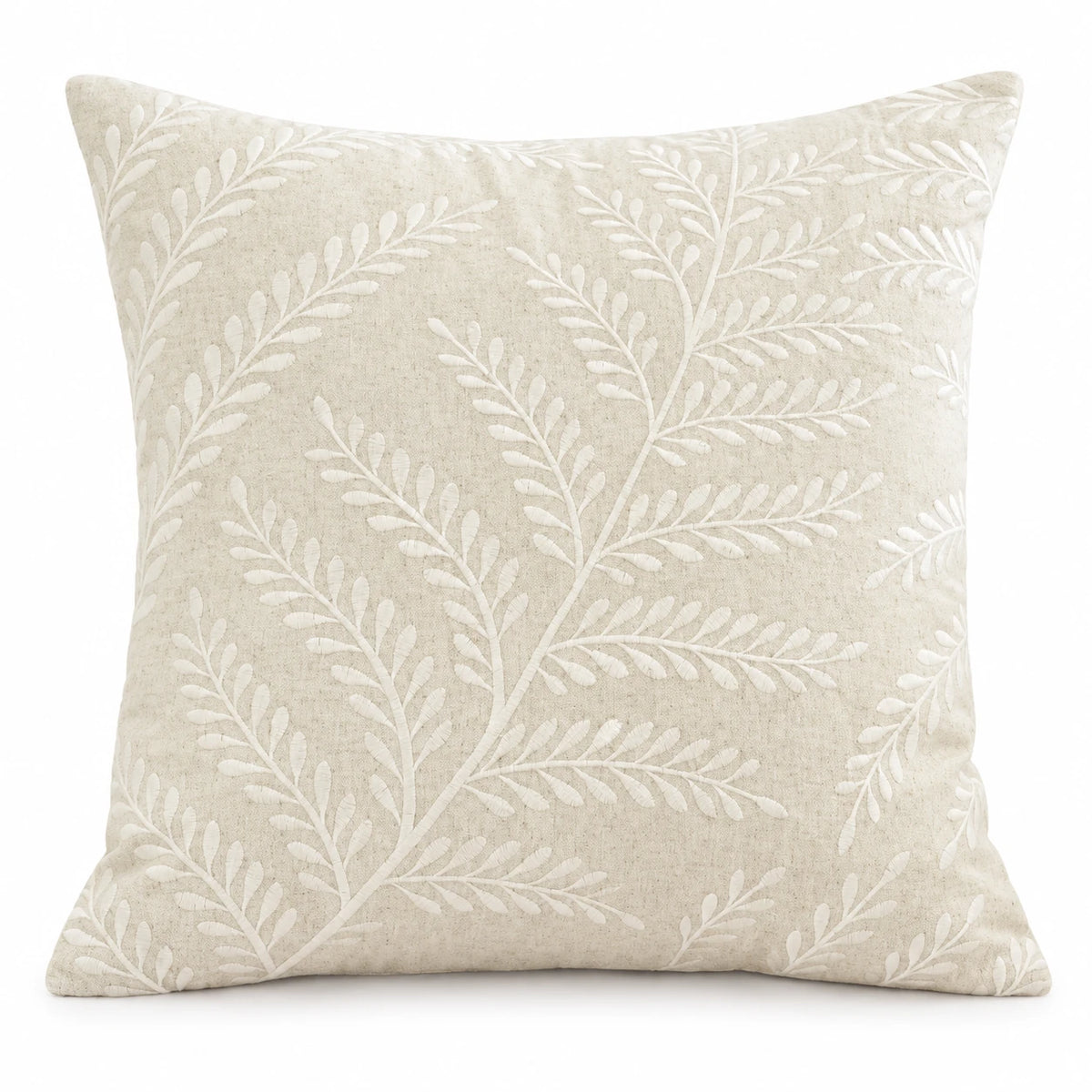 Cream Fern Embroidered Cushion Cover, full front view of the cream leaf design against white.