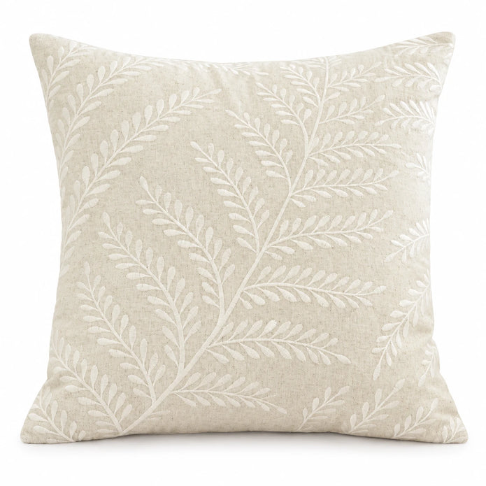 Cream Fern Embroidered Cushion Cover, full front view of the cream leaf design against white.