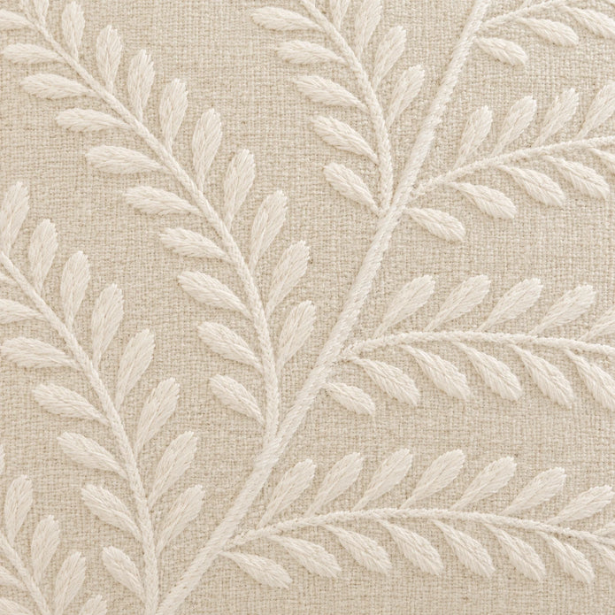 Cream Fern Embroidered Cushion Cover, close-up of raised cream leaves and stems on the woven fabric.