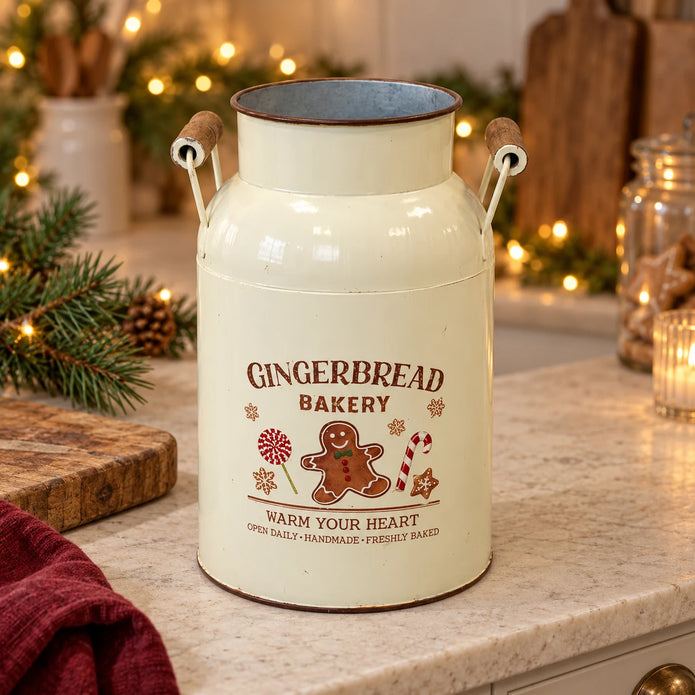 Cream Gingerbread Bakery urn on a pale stone kitchen counter with a chopping board and burgundy linen
