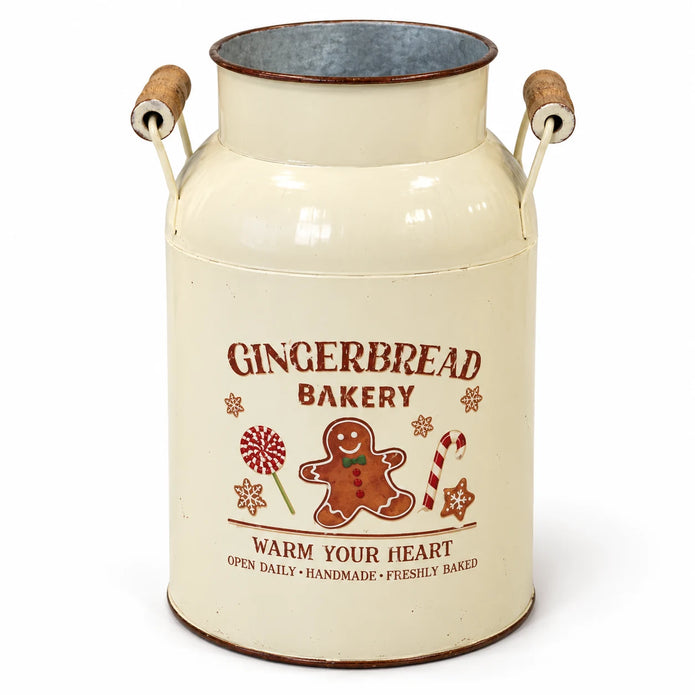 Close-up of the Gingerbread Bakery illustration, cream finish and wooden handles on the decorative urn