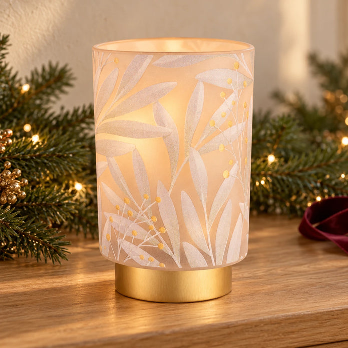 Cream and gold LED glass lantern with light-up feature, ideal for home decor and festive Christmas decorations.