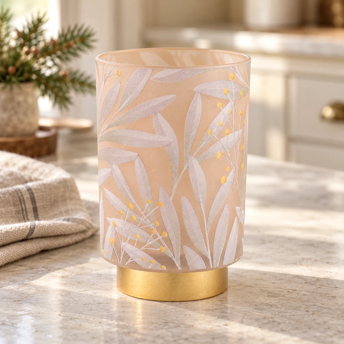 Cream and gold LED glass lantern for home decor, featuring a light-up design perfect for country kitchens by Candlelight Products Ltd.