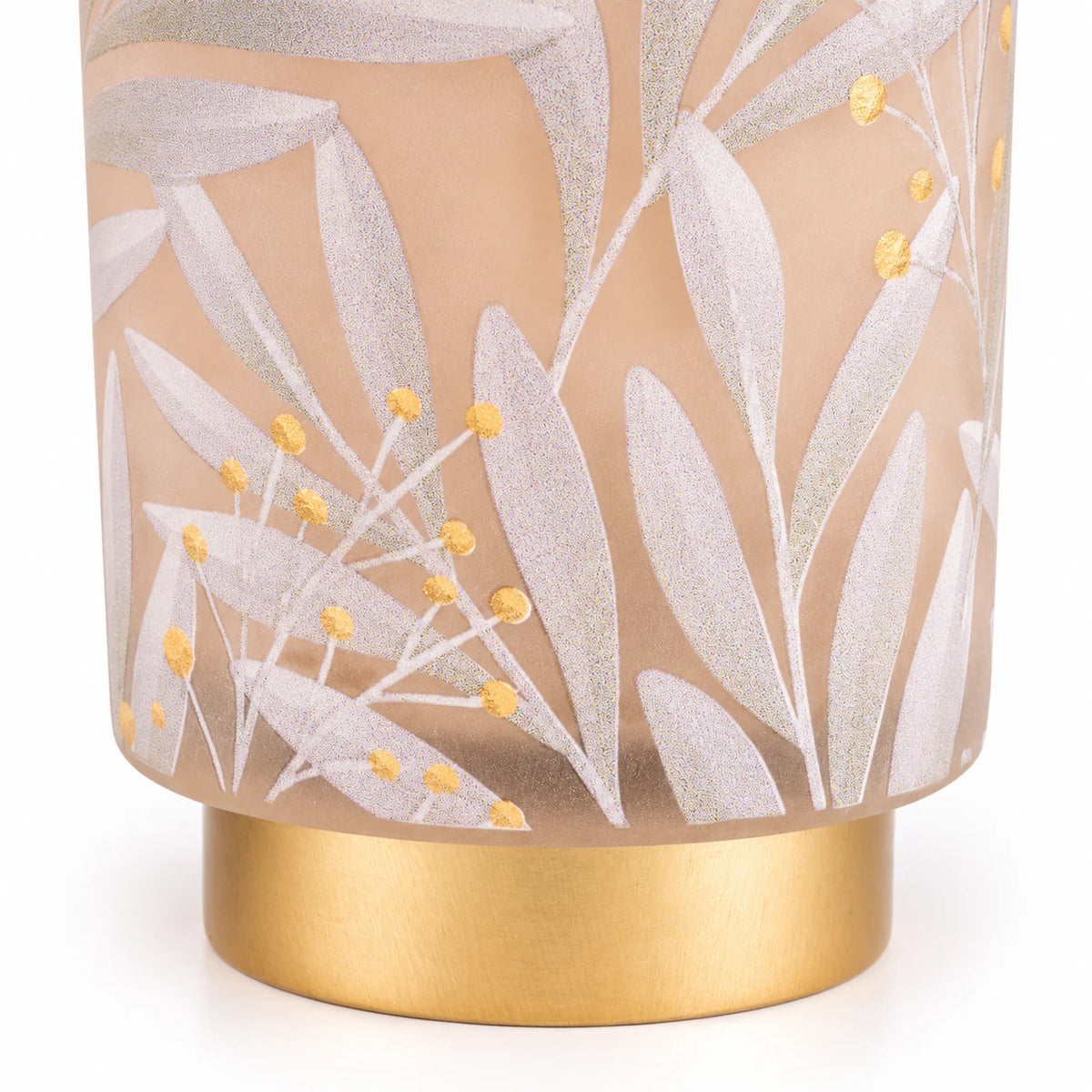 Cream and gold LED glass lantern with foliage detail, perfect for elegant home decor lighting by Candlelight Products Ltd.