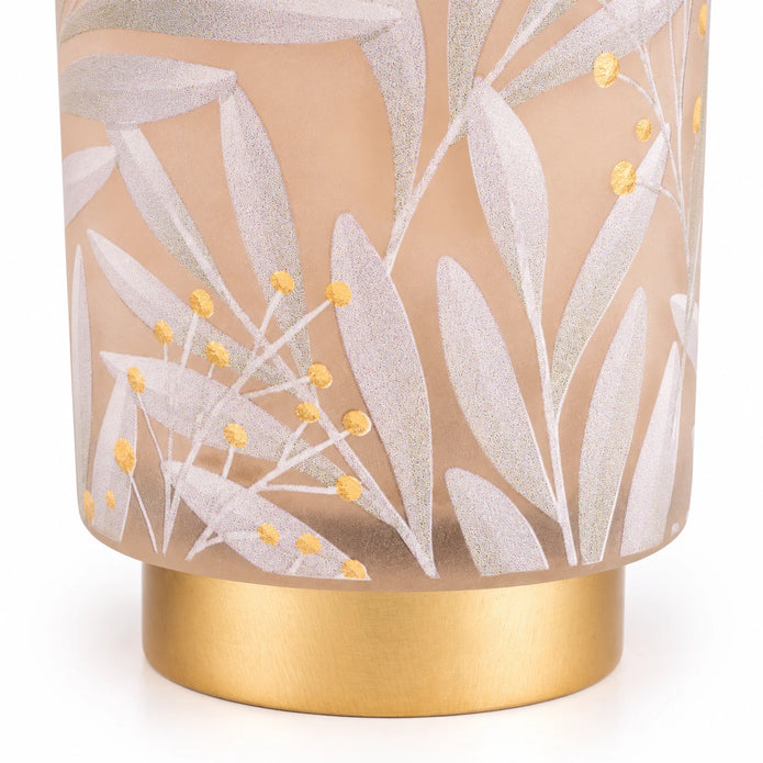 Cream and gold LED glass lantern with foliage detail, perfect for elegant home decor lighting by Candlelight Products Ltd.