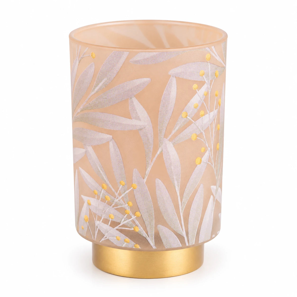 Cream and gold LED glass lantern used as elegant home decor, illuminated with a warm light in a white studio setting.