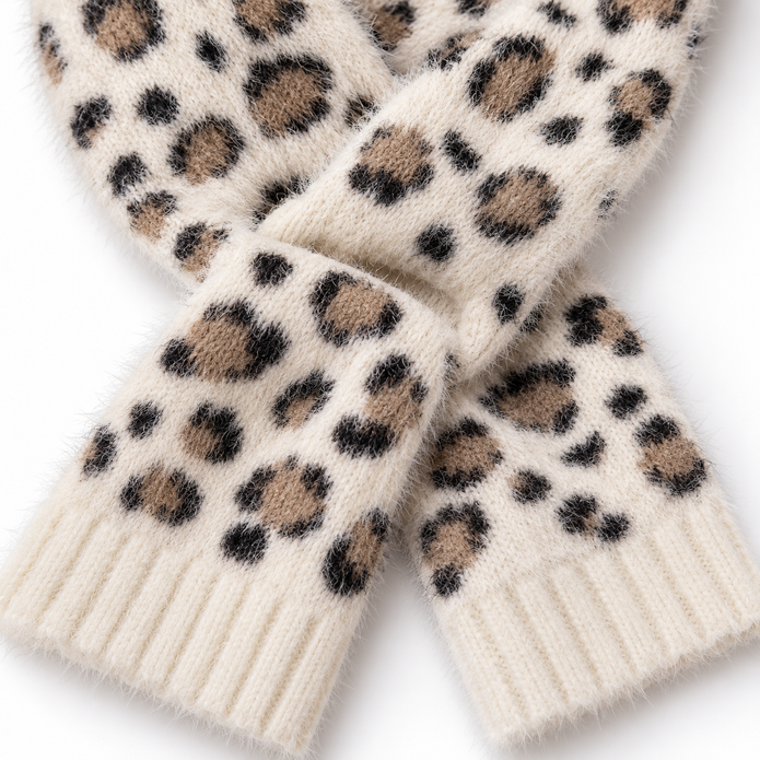 Close-up of cream leopard fluffy knit scarf and ribbed end