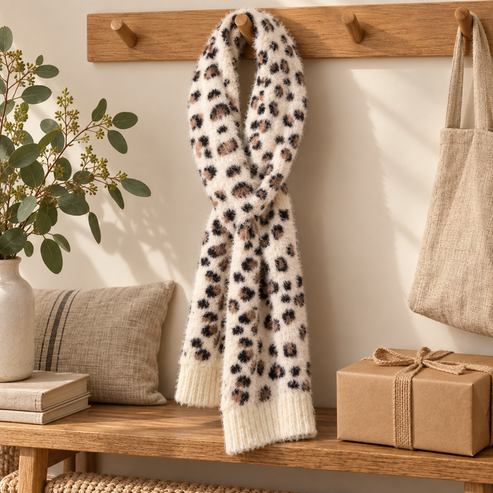 Cream leopard pull-through scarf styled on an oak peg rail