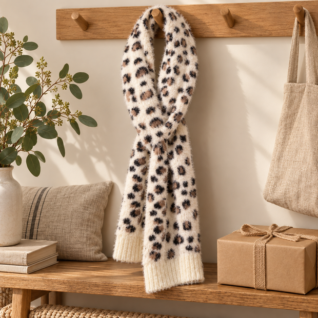 Cream leopard pull-through scarf styled on an oak peg rail